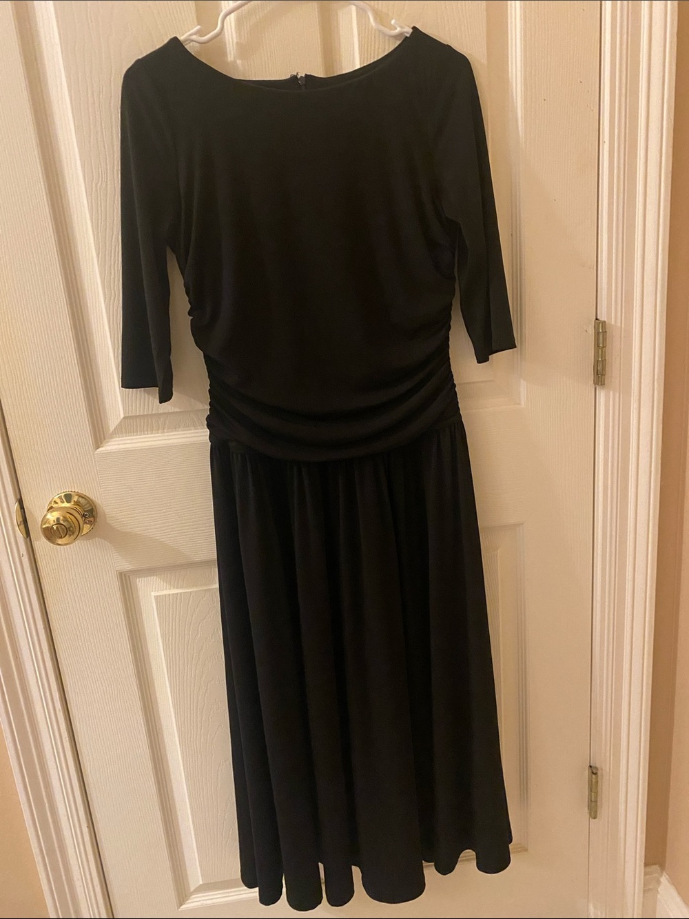 Black Classy Dress with Ruched Waist, Midi, XS. Little Black Dress LBD